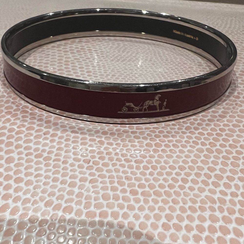 Authentic Hermes Caleche enamel bracelet in burgundy/wine with gold